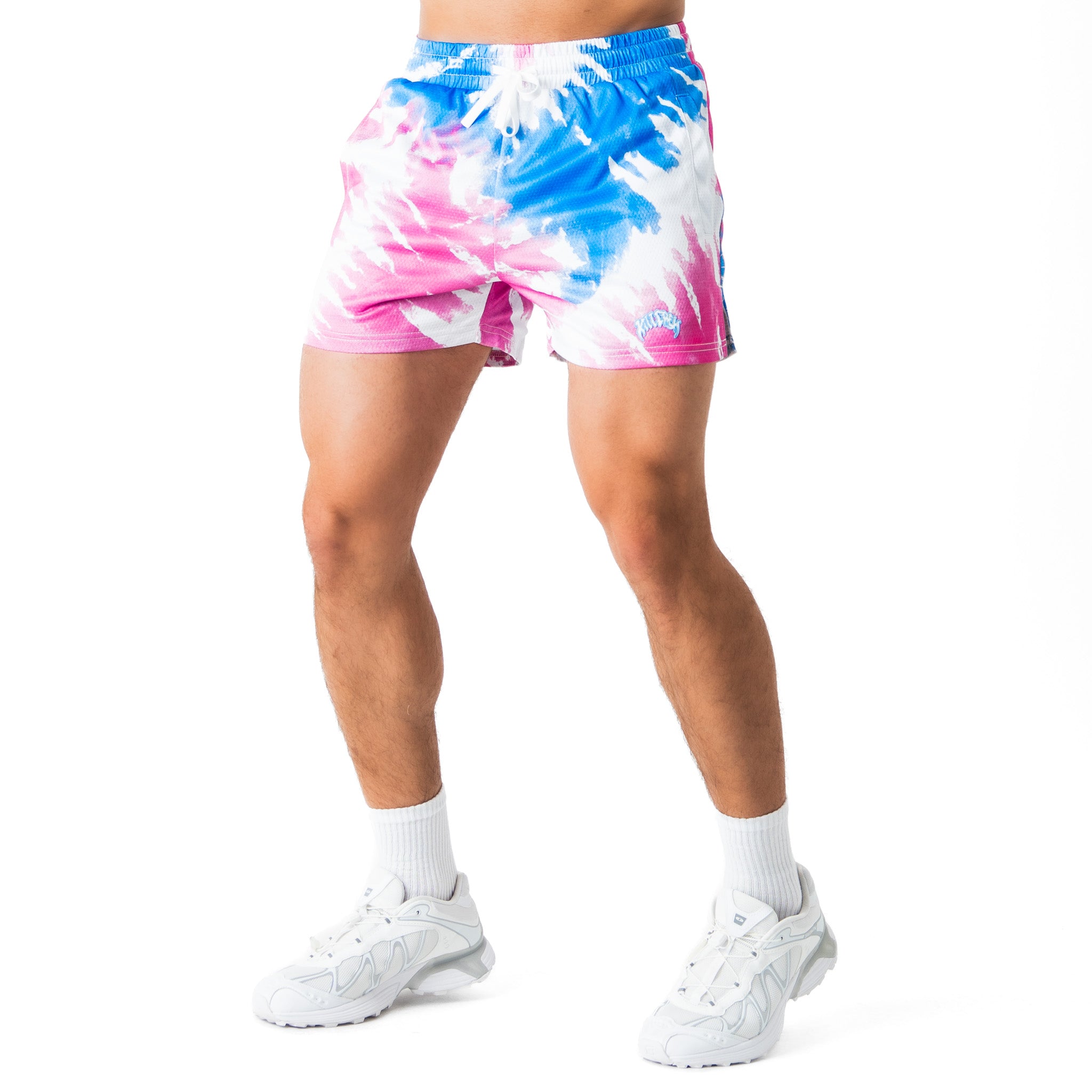 MUAY THAI SHORTS (MID THIGH CUT) RETRO - BLUE / PINK