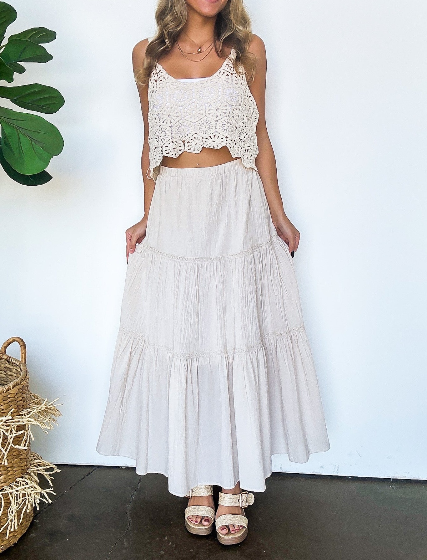 Crochet Detail Tiered Maxi Skirt