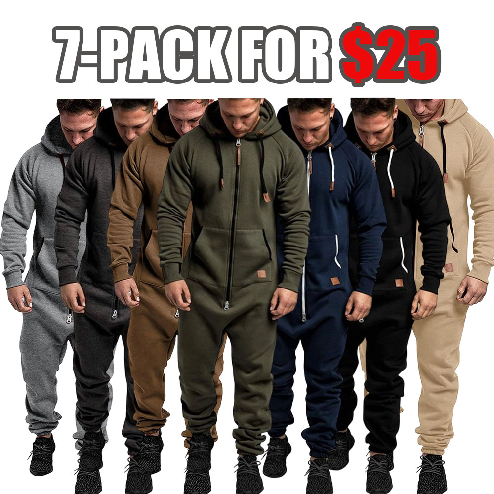 Mens Fleece Lined Hooded Jumpsuit Full Zip Up One Piece Pajamas Onesie Overalls Rompers Playsuit Jogging Sweatsuits