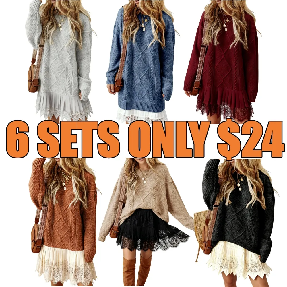 2025 Women's Cable Knit Lace Mini Sweater Dress 2PC