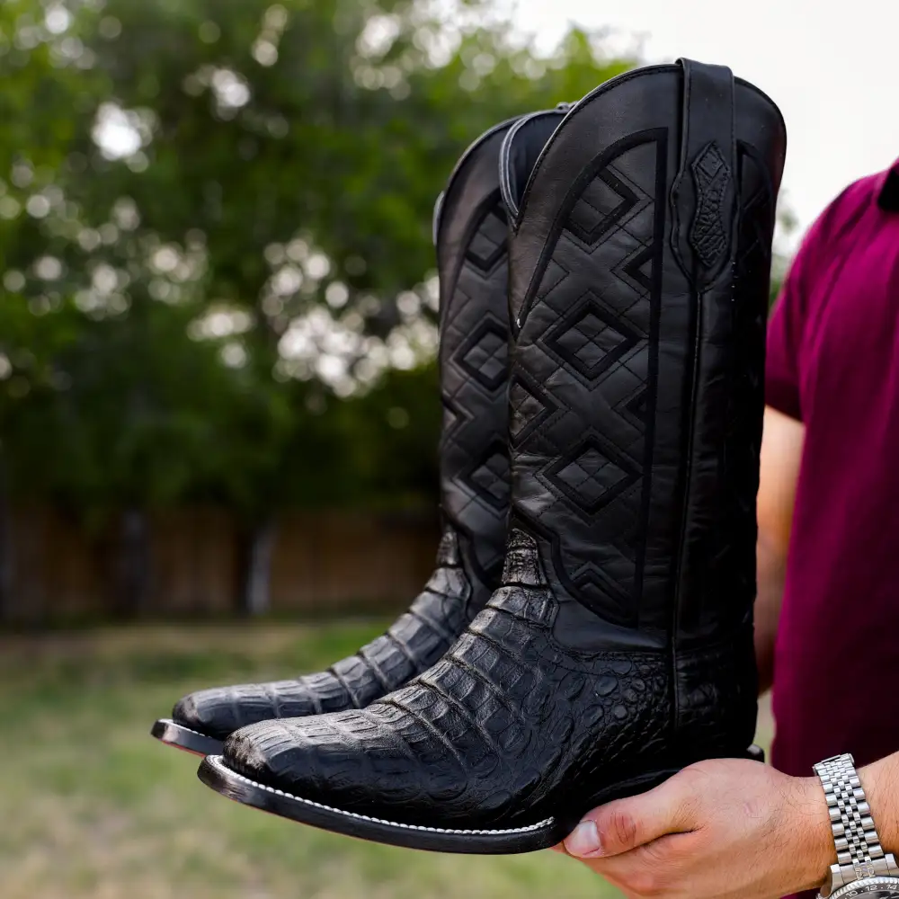Black Caiman Hornback Leather Boots - Square Toe