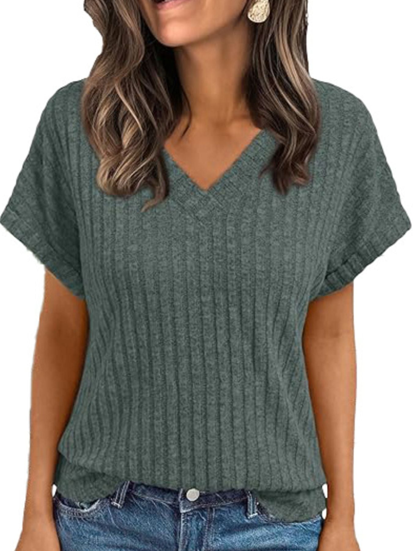 Ribbed Knit V-Neck Relaxed Fit T-Shirt