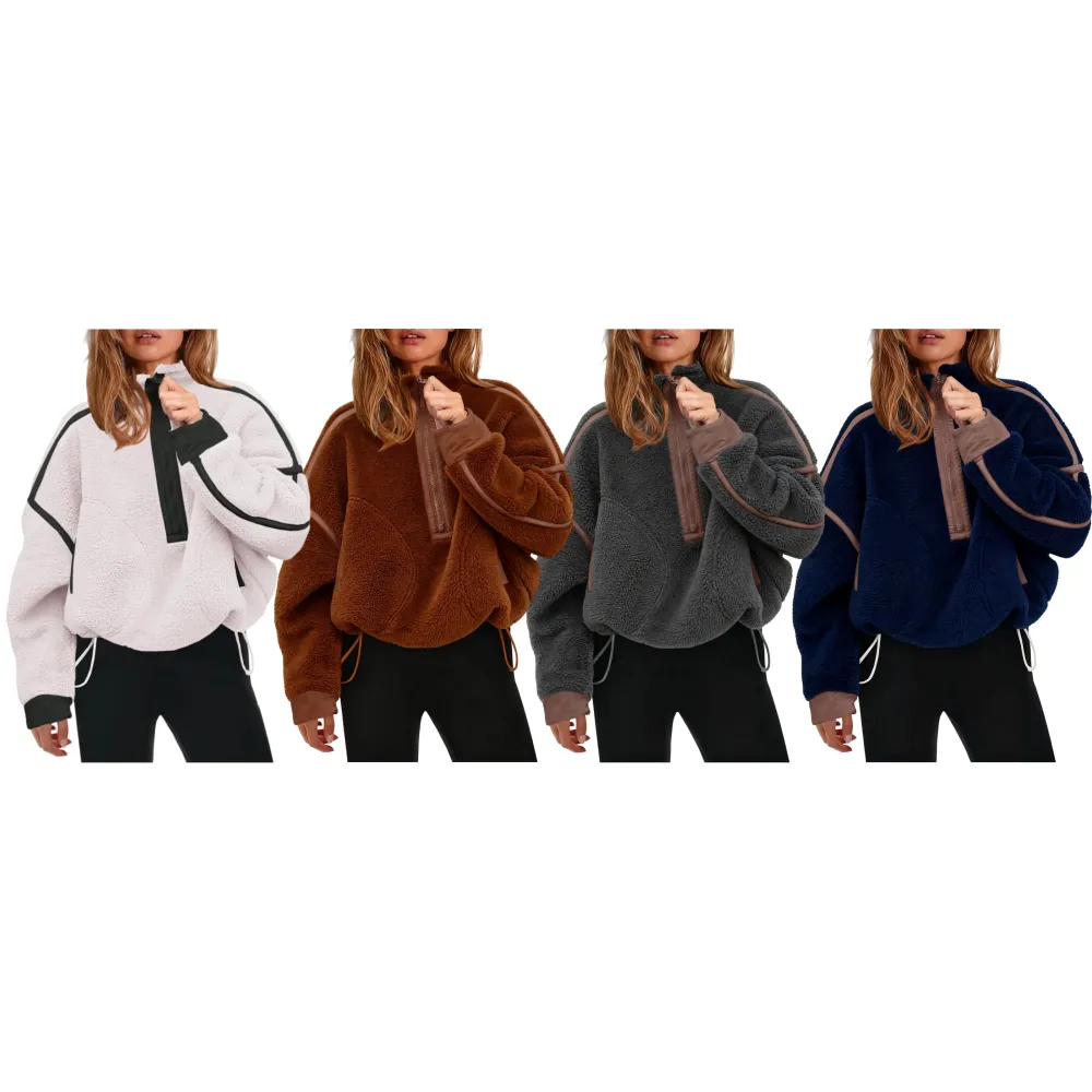 Women's Half Zip Sherpa Fleece Color Block Pullover Soft Oversized Sweatshirt