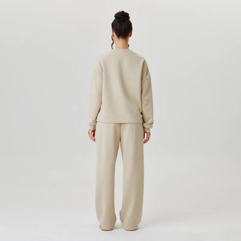 Women's Casual Solid Color Loose Long Sleeve Top & Exposed Stitches Trousers Co-ord