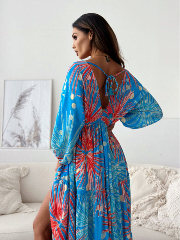 Sexy Deep V Multi-Color Printed Slit Dress With Three-Quarter Sleeves