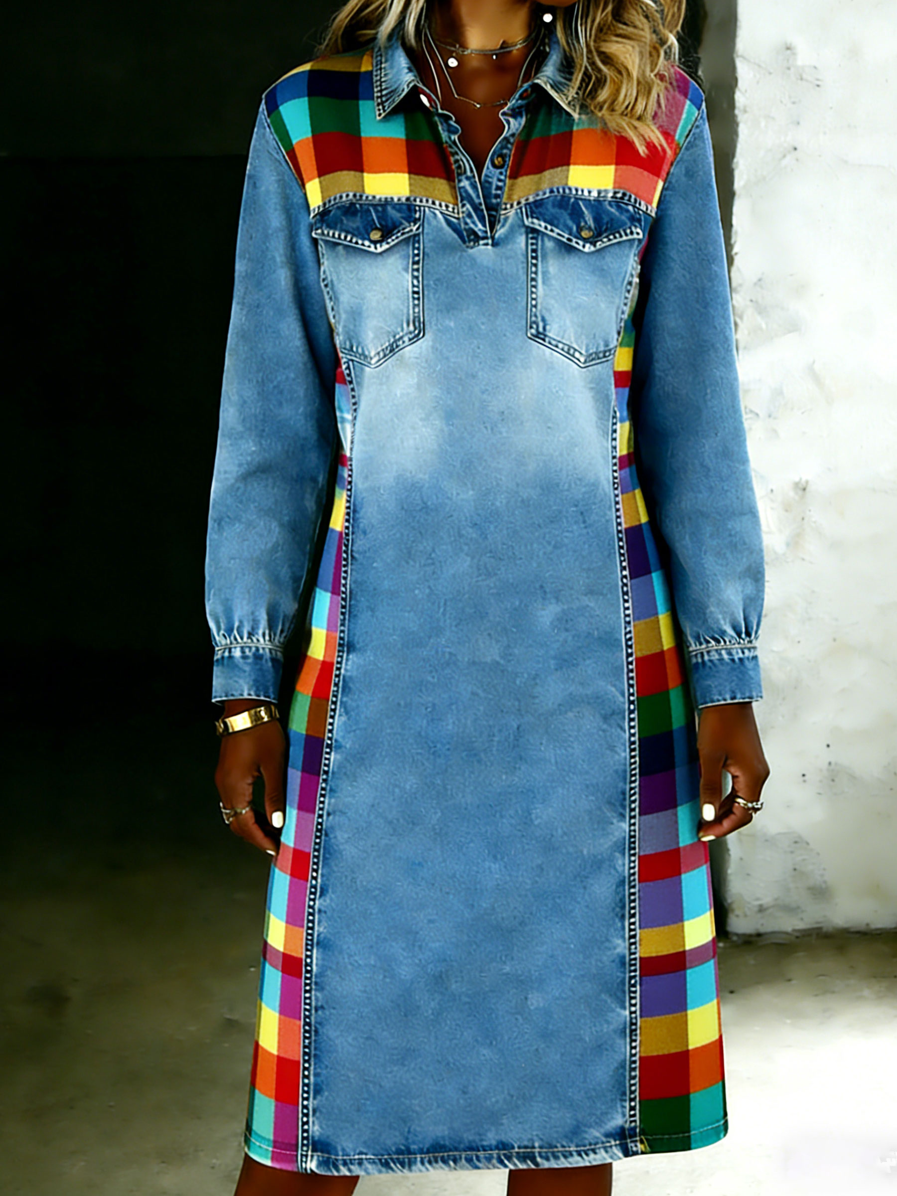 Women's Casual Fashionable Denim Patchwork Contrast Colors Dress