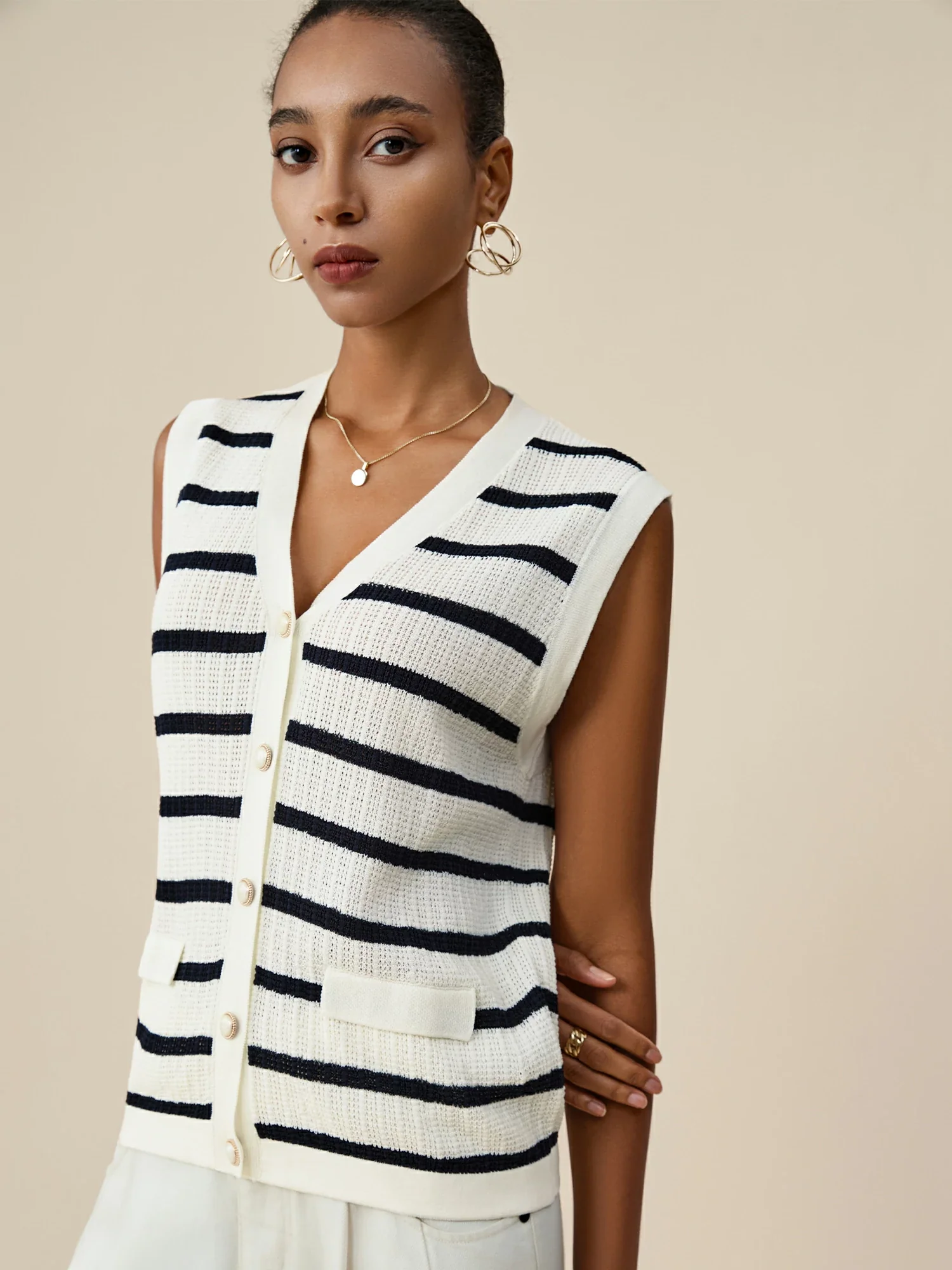 Lyocell & Linen V-Neck Sleeveless Striped Knitted Vest
