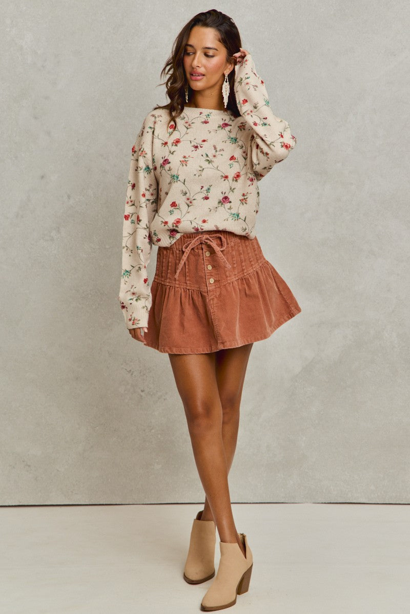 Mineral Wash Pintucked Corduroy Mini Flared Skirt