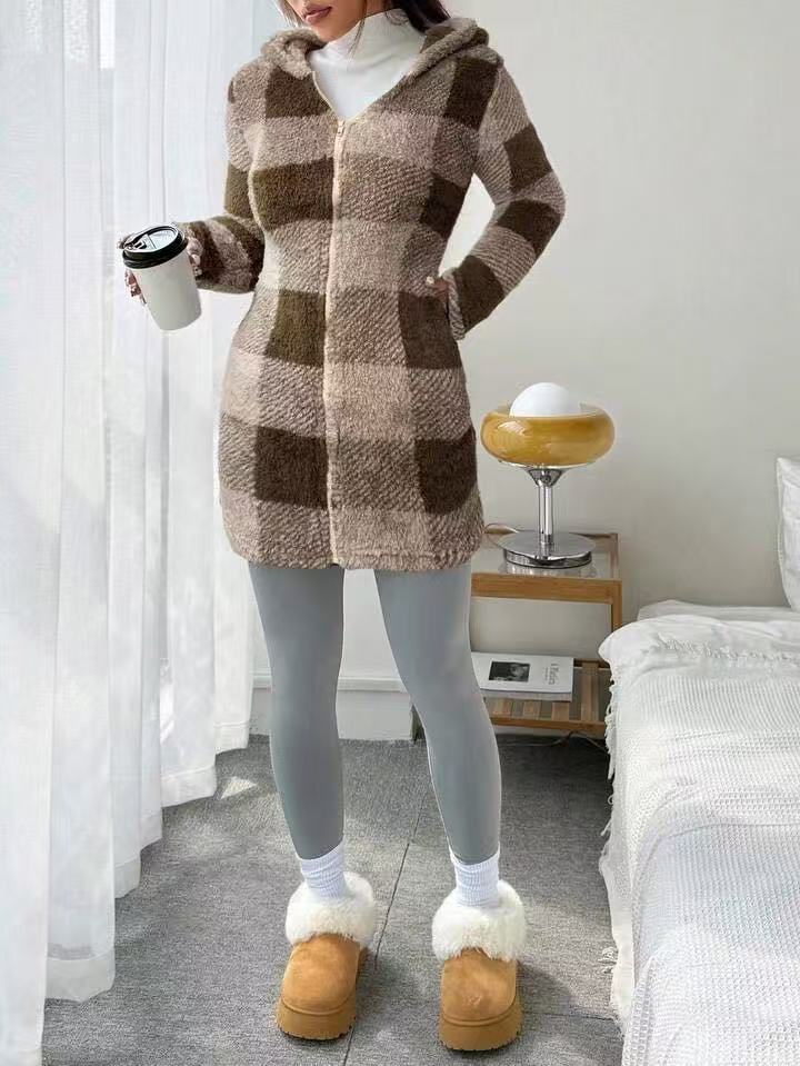 Women's Plaid Fleece Long Sleeve Hooded Coat, Casual Style, Moderate Fabric Thickness, All Seasons Wear, Comfortable Fit