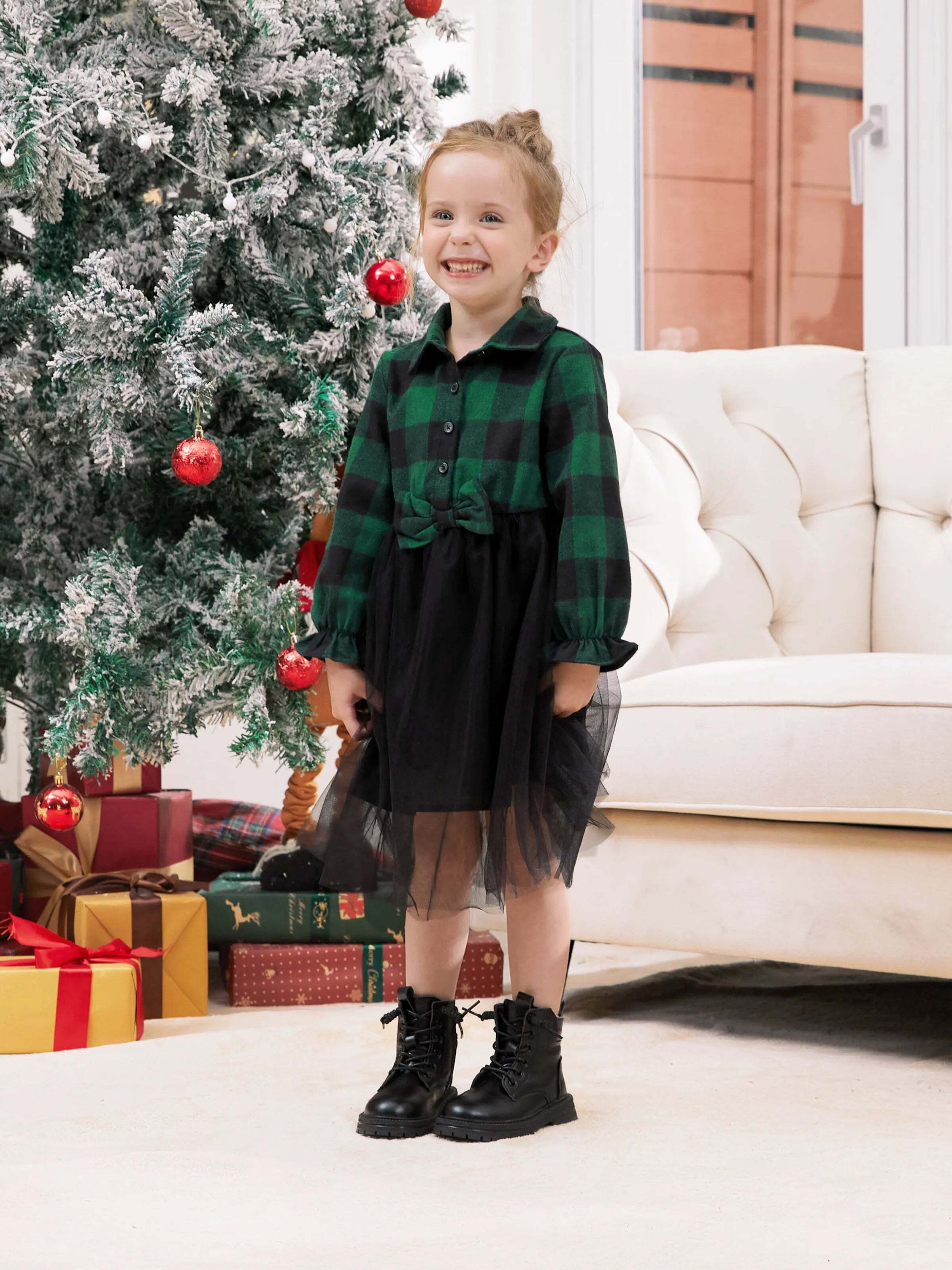 Family Matching Sets Green Plaid Long Sleeves Shirt or Tulle Mesh Dress DarkGreen