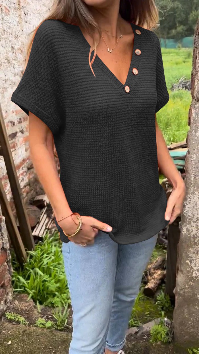 Women Summer Casual Knitted Cotton and Linen V-neck Top