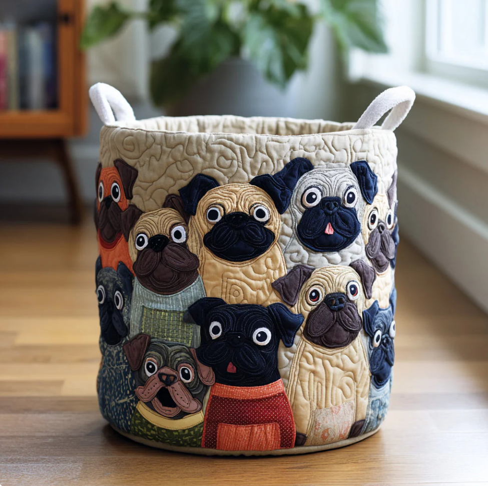 Cute Pug Friends Pattern Quilted Laundry Basket Eco-Friendly Machine Washable Storage Bin for Home Bedroom Bathroom Organization | Dog
