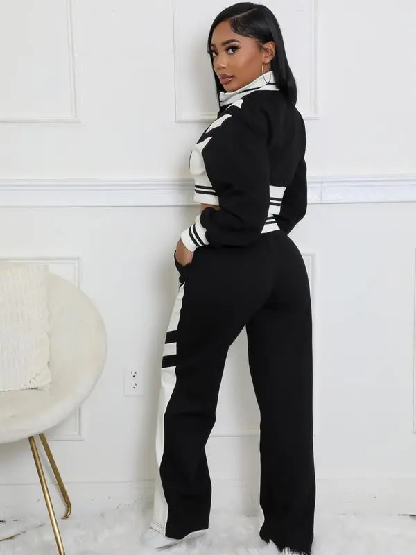 Women's Colorblock Print Zip Up Long Sleeve Crop Jacket & Pants Two-piece Set