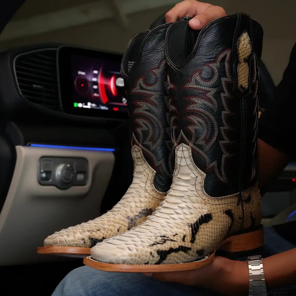 Natural Python Leather Boots — Square Toe