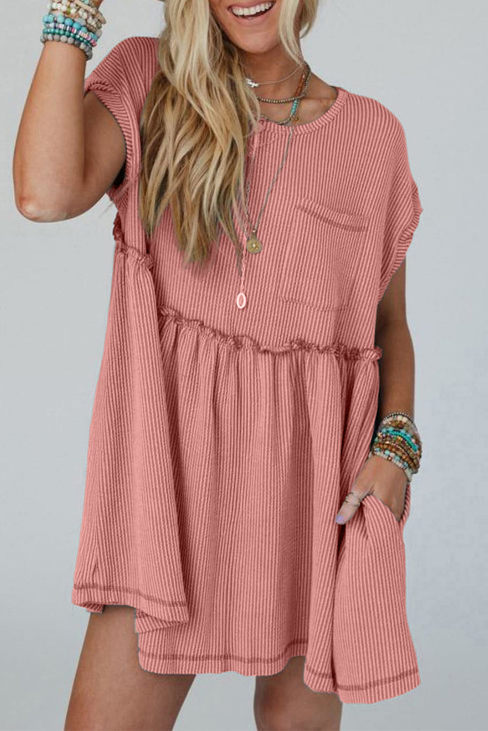 Dusty Pink Corded Knit Textured Patched Pocket Frilled Swing Mini Dress with Pockets