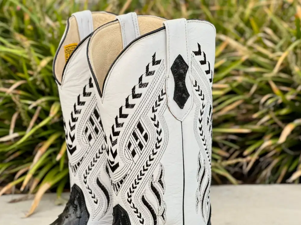 Mens Black Ostrich Leather Boots With White Shaft