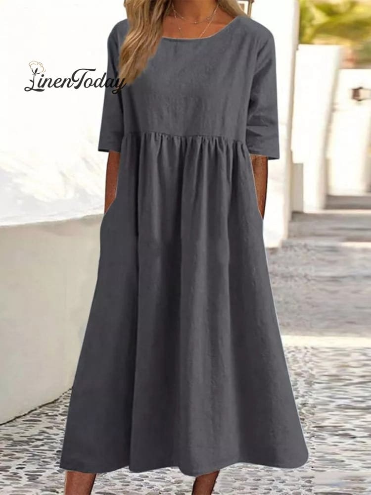 Cotton And Linen Casual Short Sleeve Pocket Pleated Loose Round Neck Dress