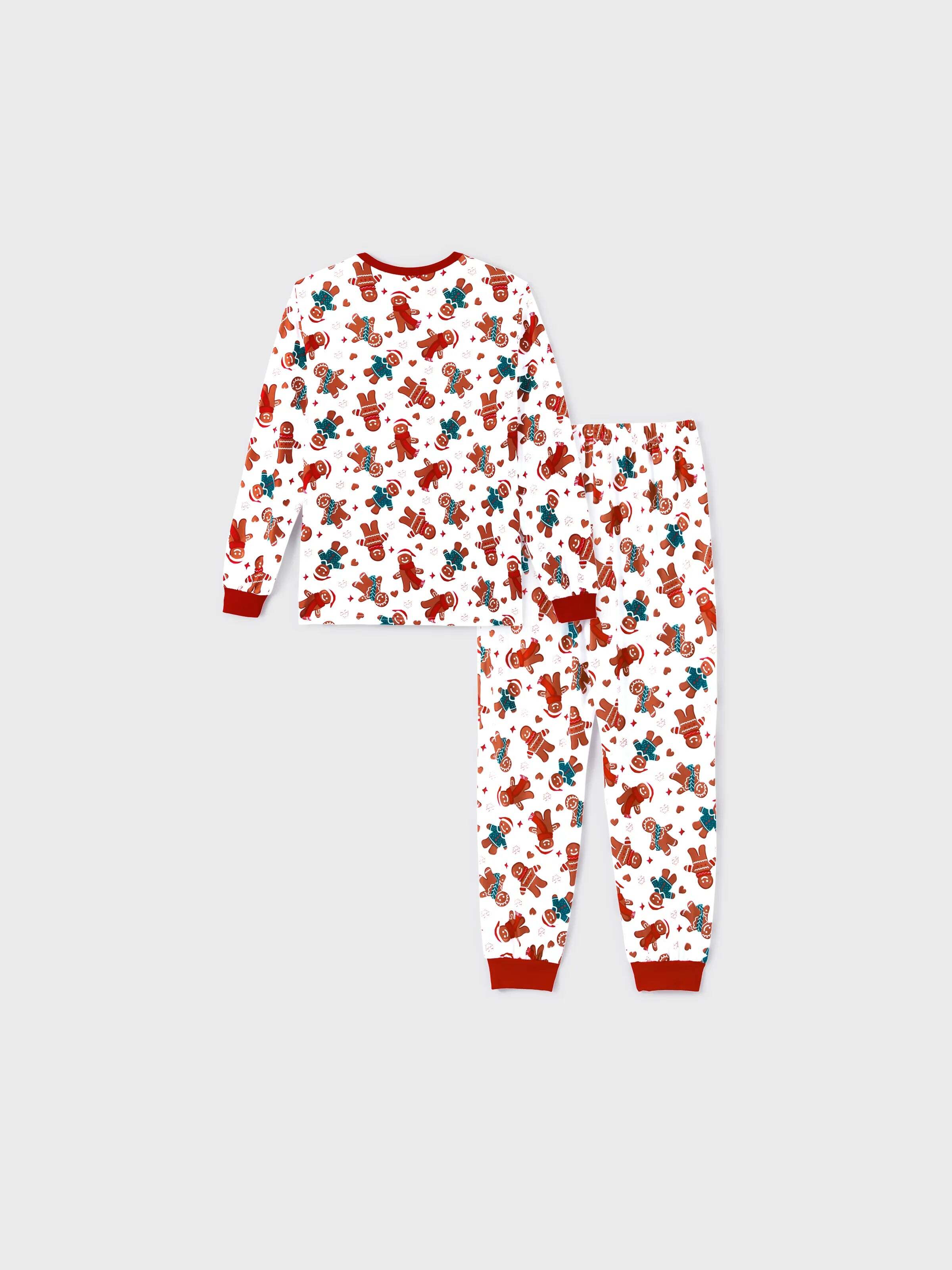 Christmas Family Matching Cartoon Gingerbread Man Allover Print Pajamas Sets with Christmas Socks White