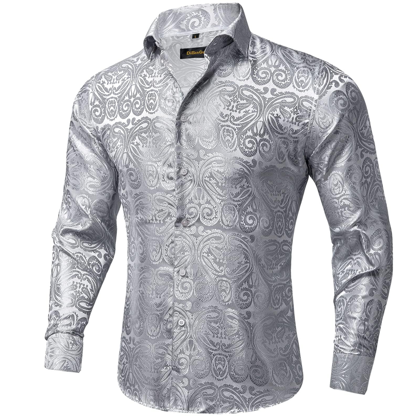 Men's Paisley Dress Shirt Long Sleeve Wrinkle Free Button Down Cowboy Shirts - Silver&paisley