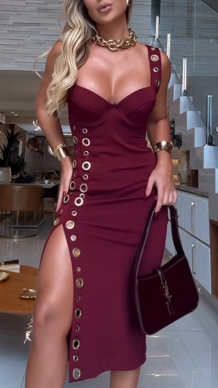 Women's Sweetheart Neck Slit Eyelet Fashion Dress