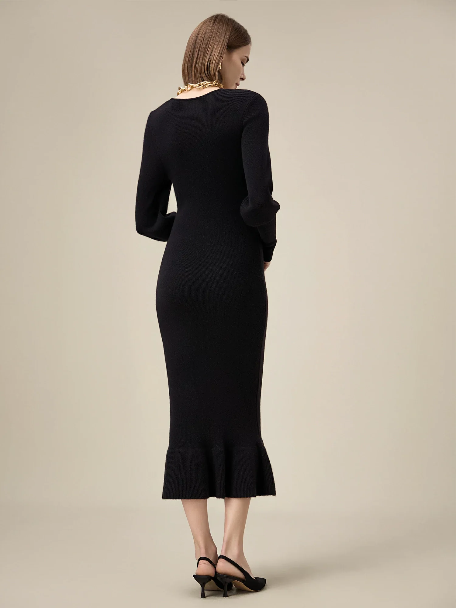 Women's 100% Wool V-Neck Knitted Dress