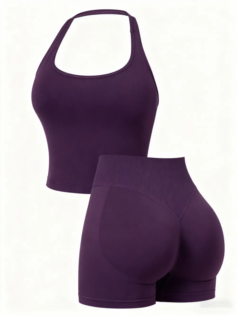 Two-Piece Set Women's Solid Color Halter Top & High Waist Shorts Sports Set