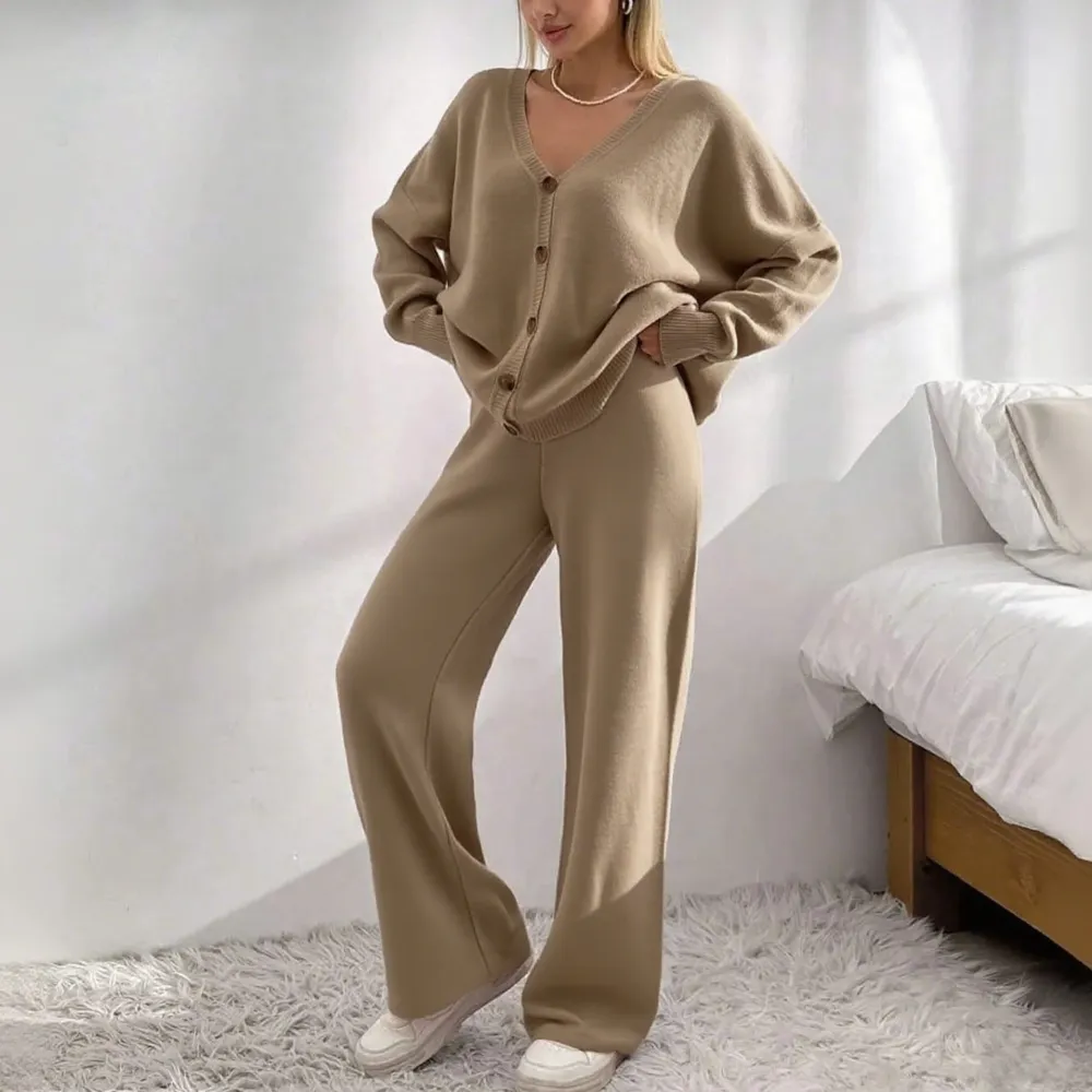 Women's Longsleeves  Cardigan & Wide Leg Pants Two-piece Set