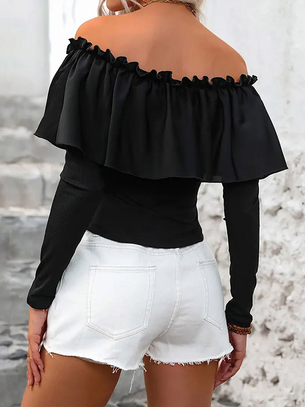 Pleated Solid Color Split-Joint Long Sleeves Skinny Off-the-shoulder T-Shirts Tops