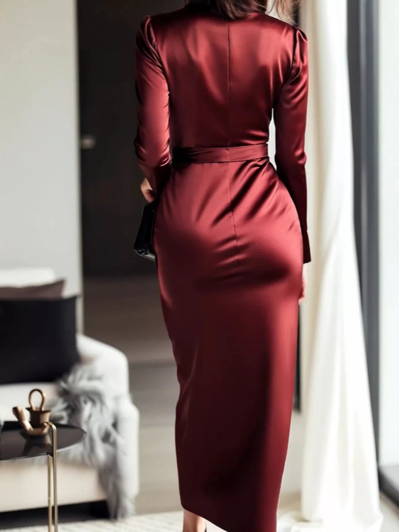 Satin Wrap Long Sleeve Midi Dress