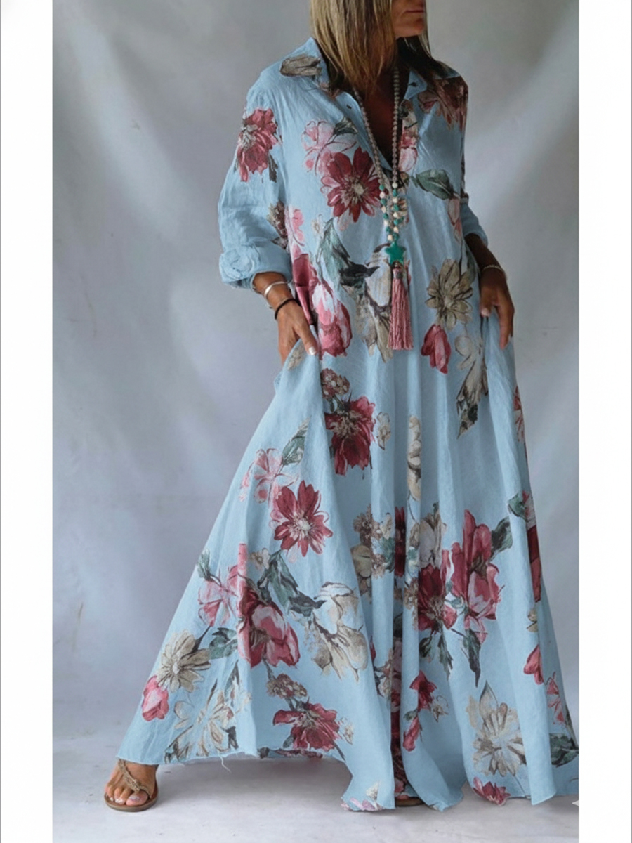 Loose-fitting Casual Linen And Cotton Floral Print Shirt Dress