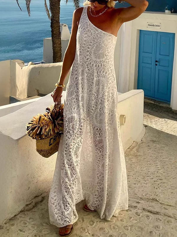 Flower Lace Sleeveless One Shoulder Split-Side Bohemia Maxi Dresses