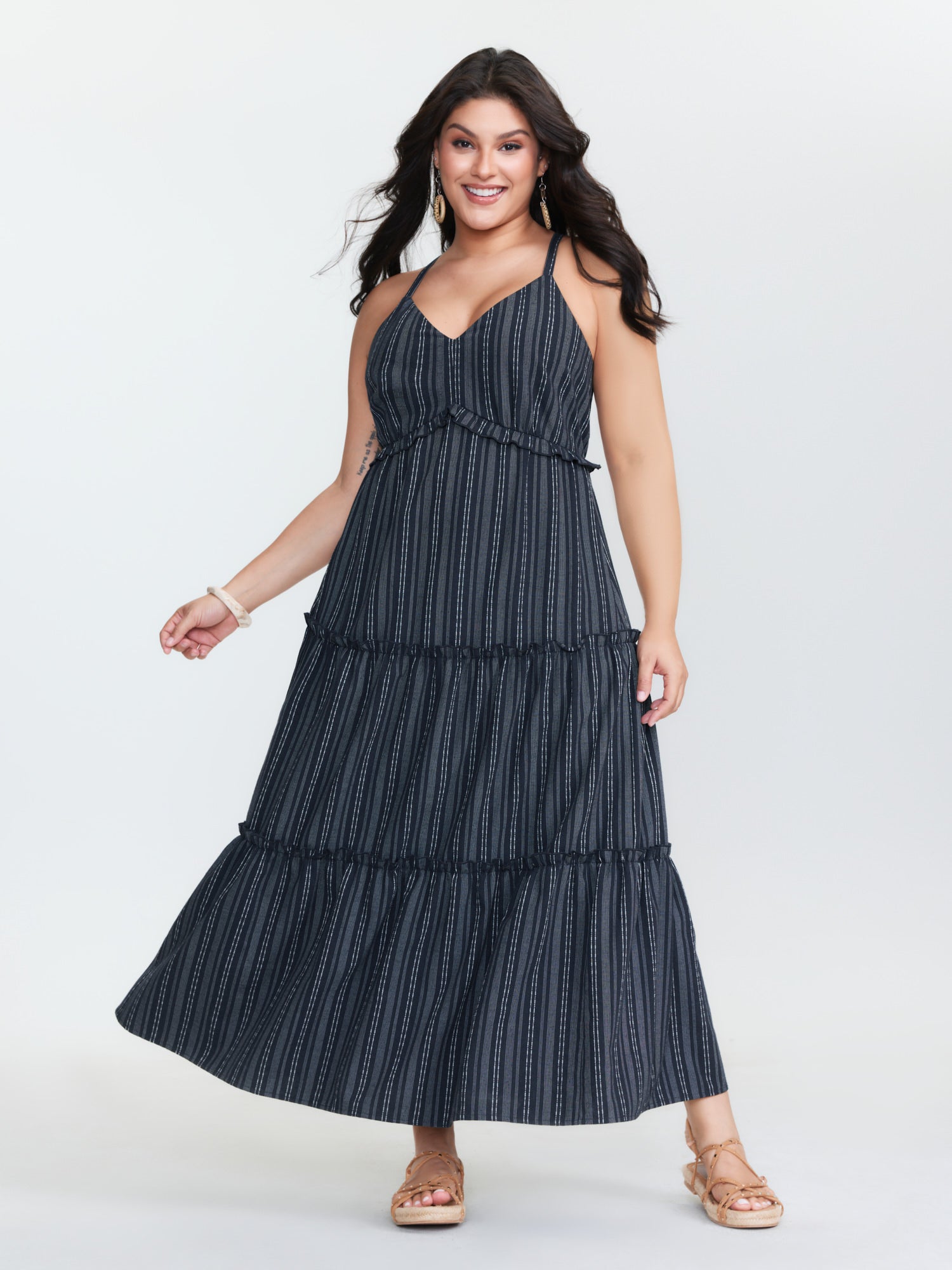 Striped Linen Blend Tiered Maxi Dress