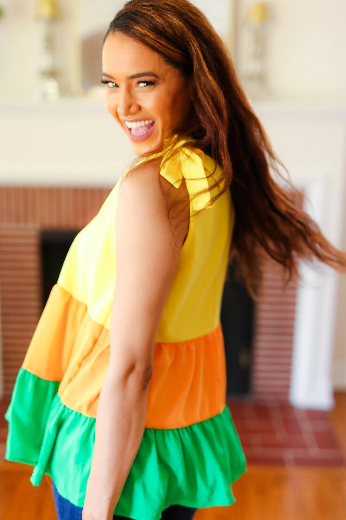 Tiered Shoulder Tie Crepe Top in Yellow & Tangerine