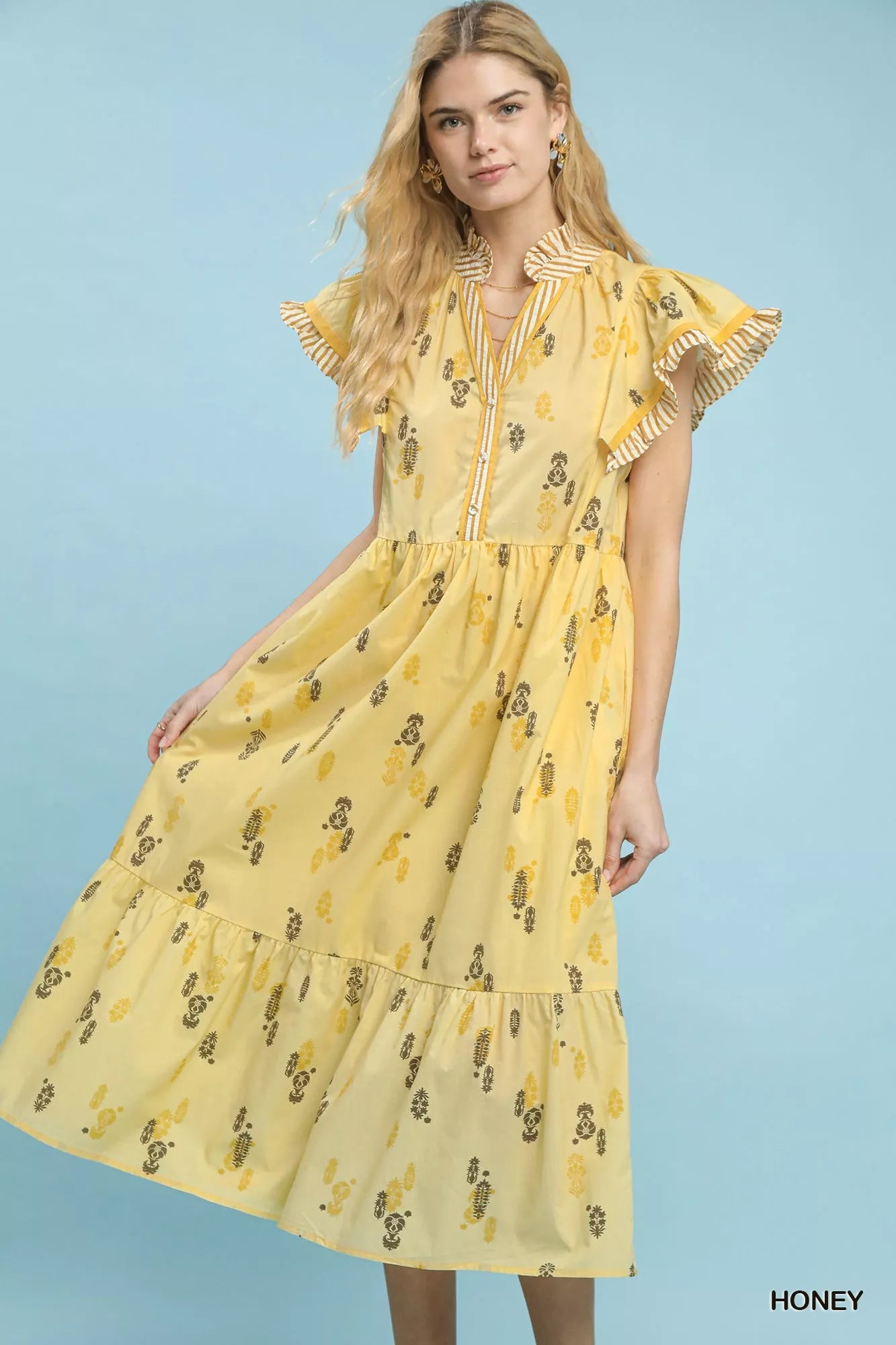 Umgee Floral Ruffle Sleeve Tiered Midi Dress