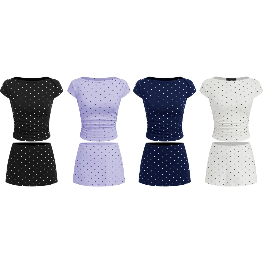 Cotton-Blend Polka Dot Boat Neck Tee & Mini Skort Set