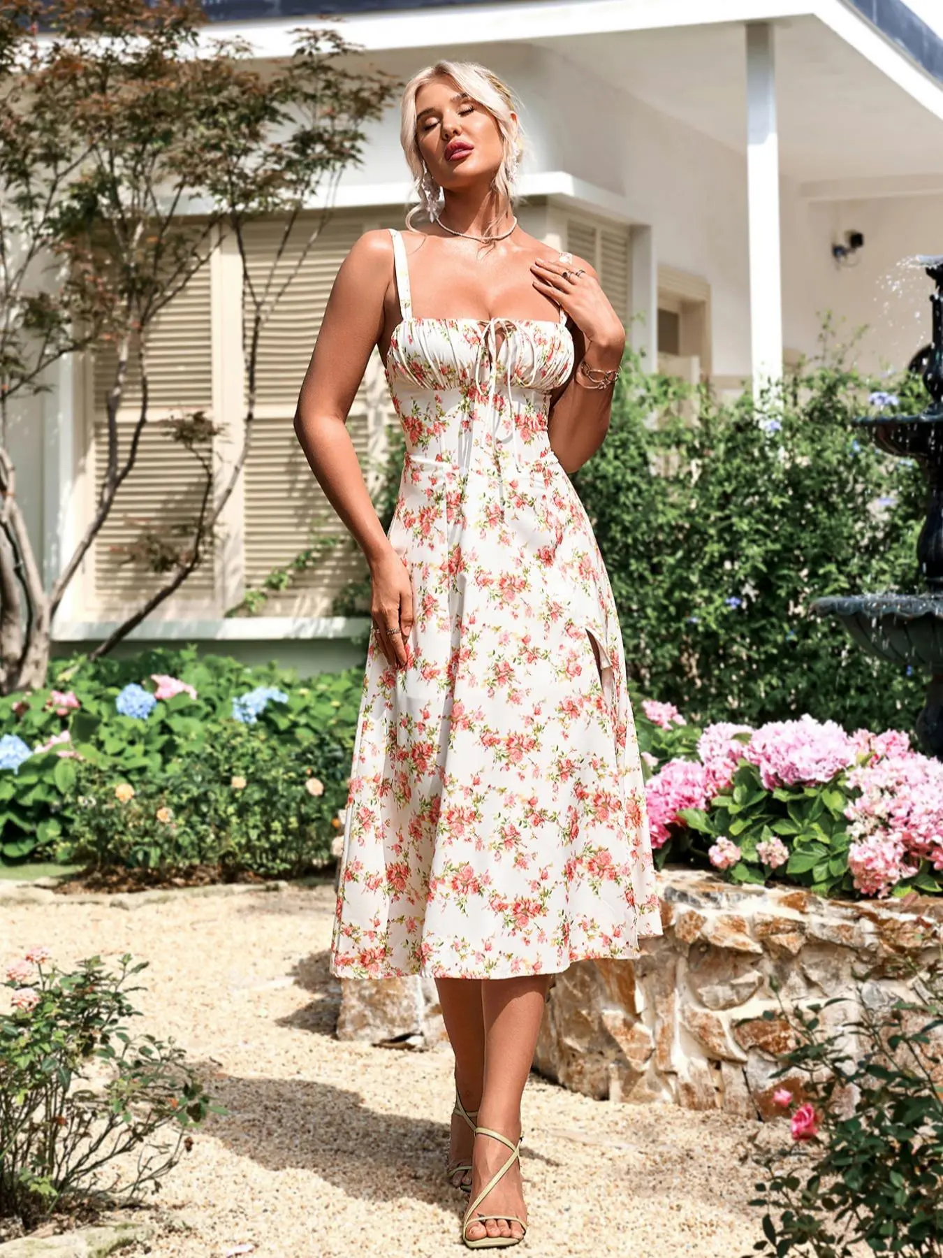 Women's Floral Print Lace Up Split Thigh Vintage Cami Dress, Boning Corset Milkmaid Dress, Boho Style Ruched Details Tie Front Sleeveless Midi Dresses Beach Holiday Vacation, Boho Sundresses, Bohemian Sleeveless