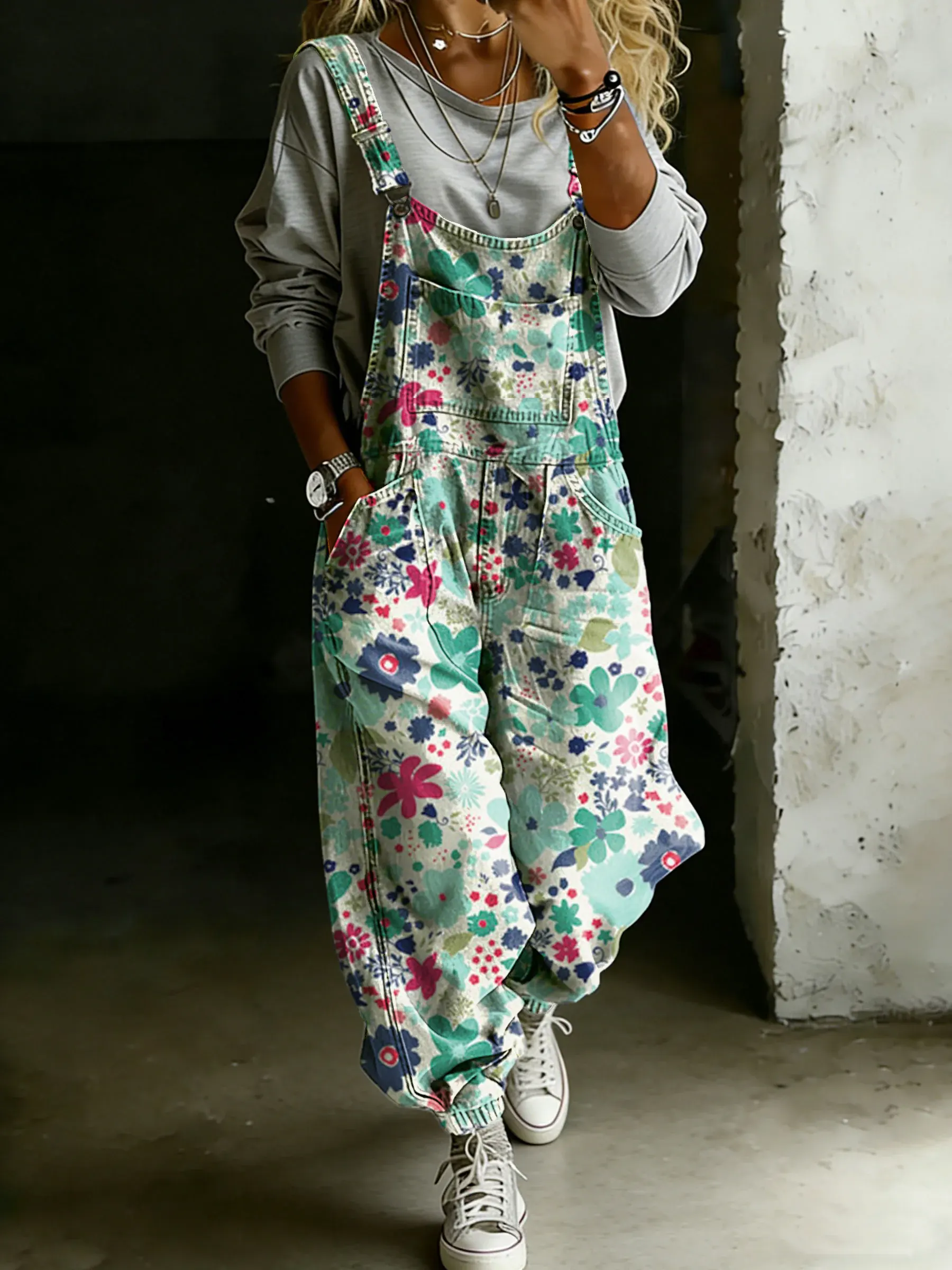 Women’s Vintage Floral Art Print Casual One Piece Denim Jumpsuit