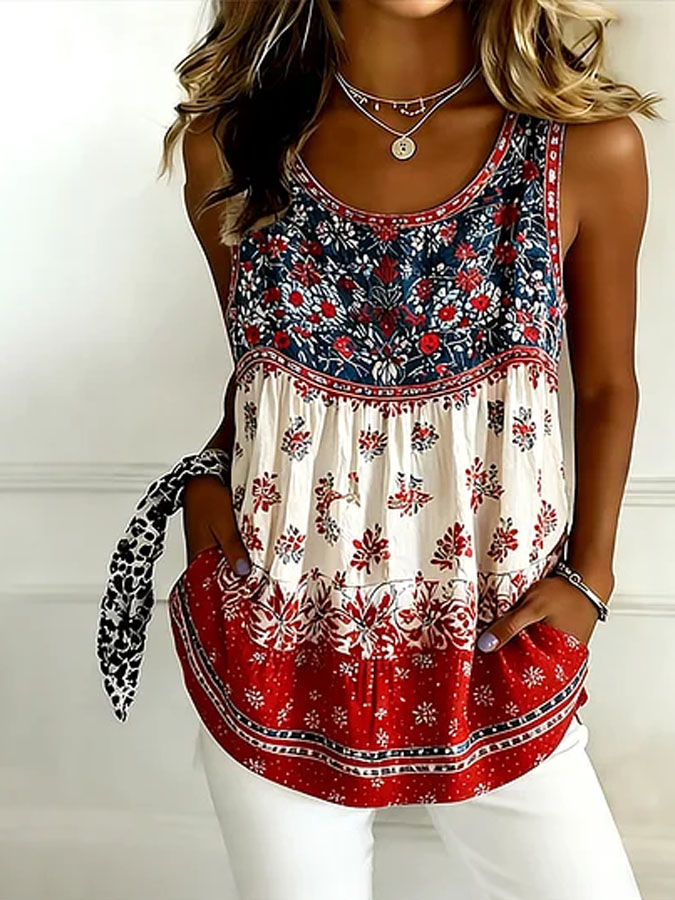 Women'S American Independence Day 250Th Anniversary Flower Printed Linen Casual Tank Top