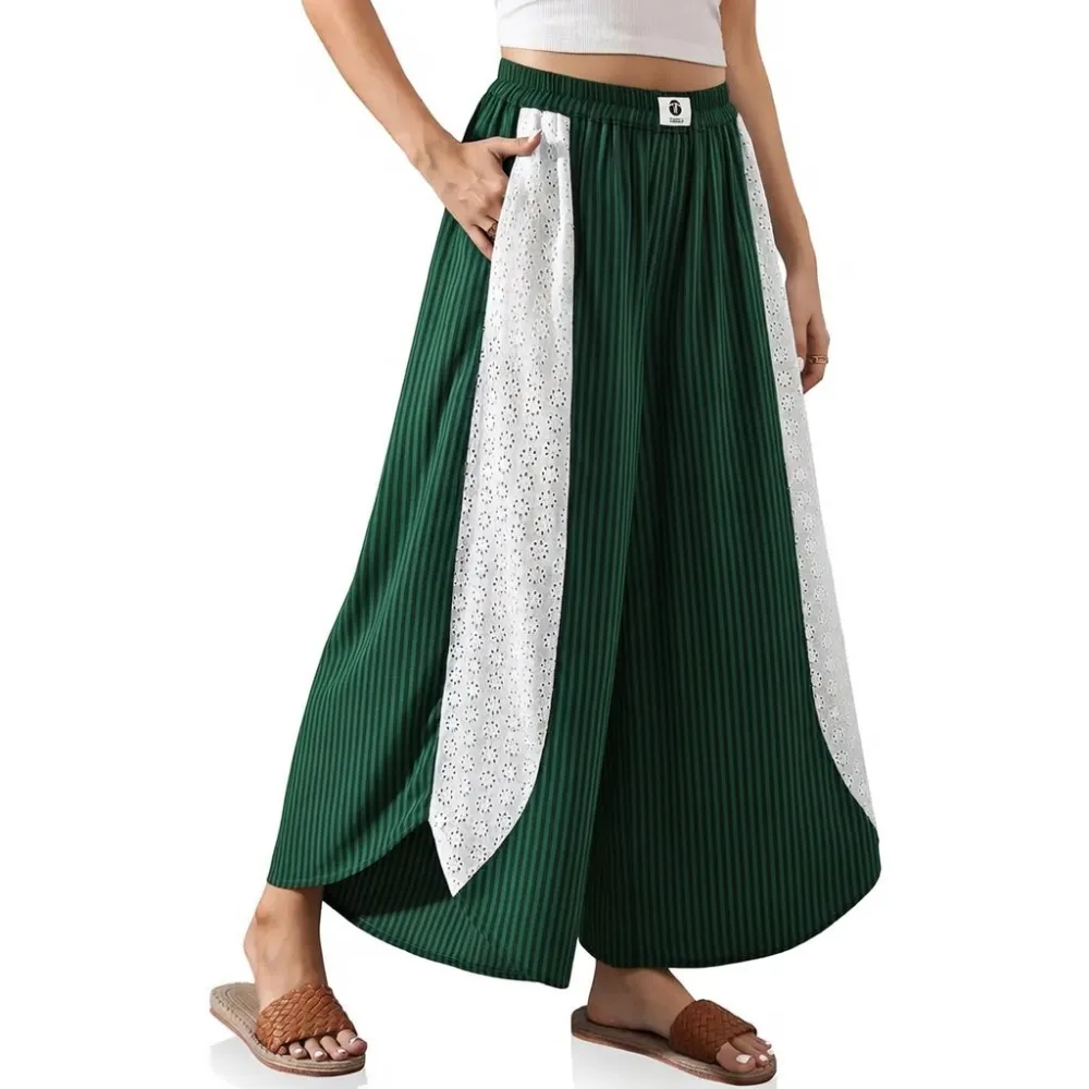 Women’s Boho Striped Wide Leg Palazzo Pants with Lace Panel