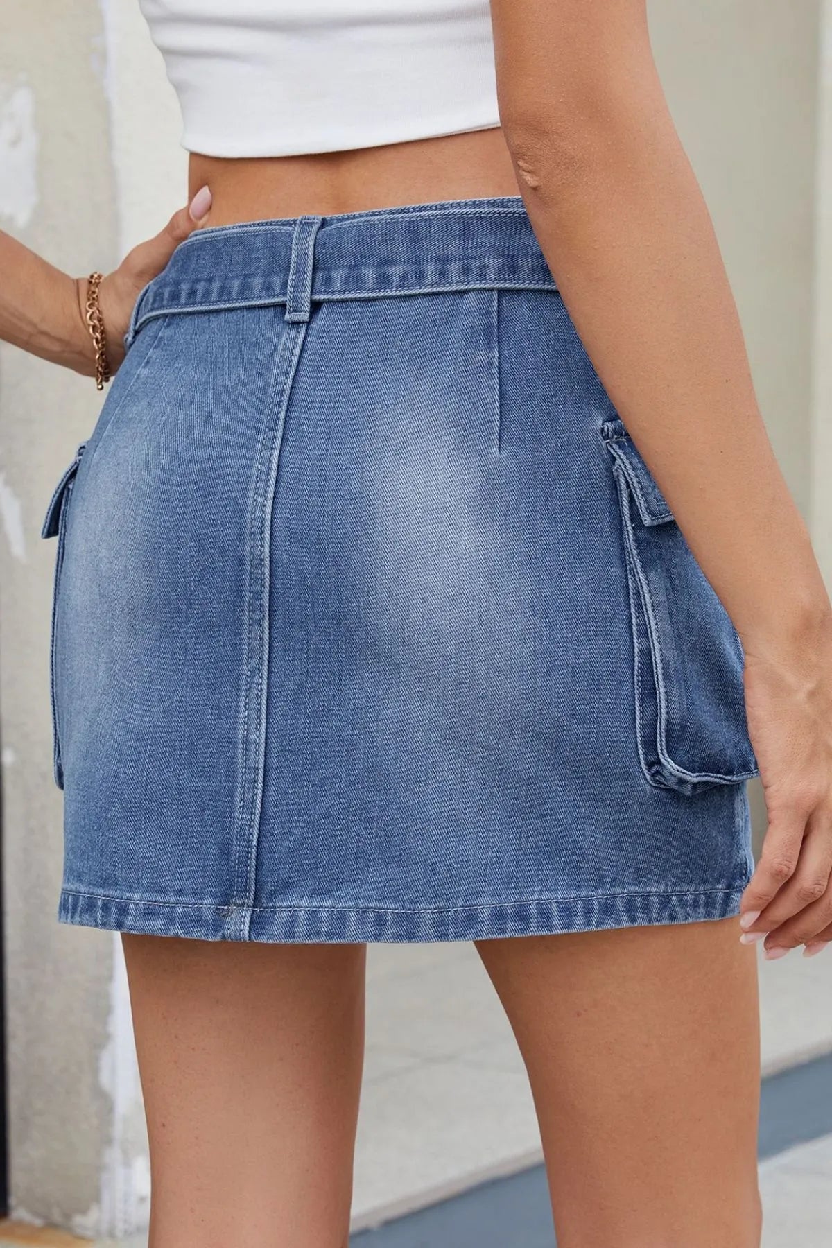 Criss-Cross Waist Detail Denim Mini Skirt