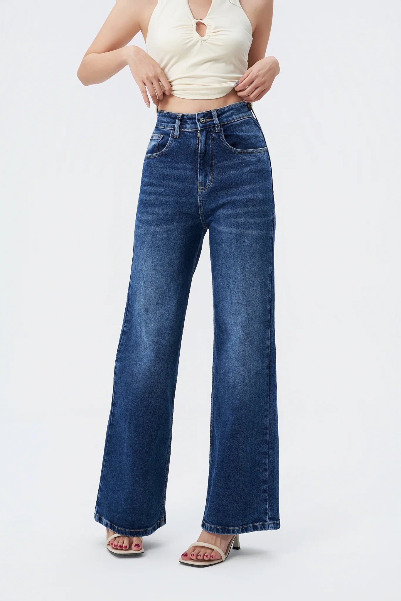 Mid Blue Overcast Wash High Waist Wide Leg Jeans
