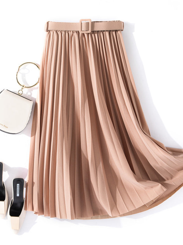 Pleated Skirt Mid-Length High Belt Versatile A-Line Skirt