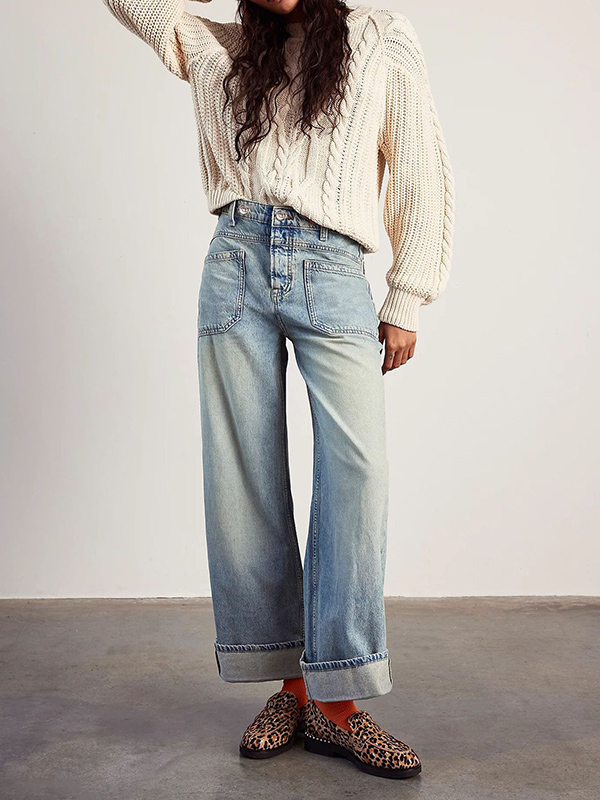 Casual Non-Stretch Washed Straight Wide-Leg Jeans Pants