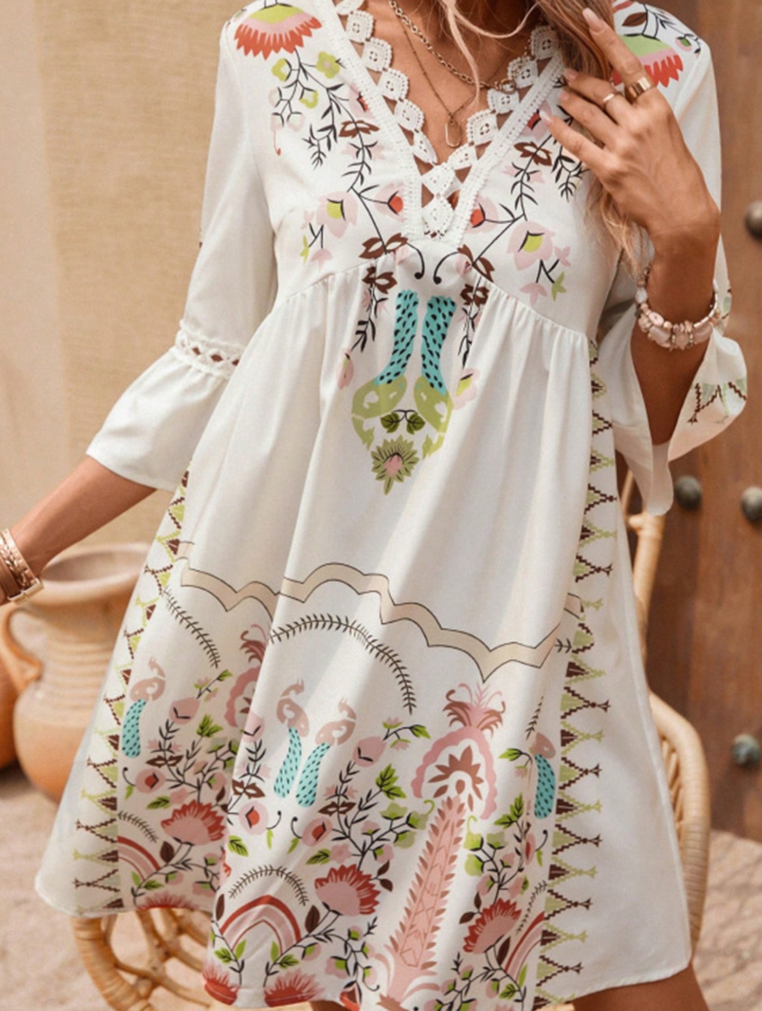 V Neck Lace Patch Print Dress