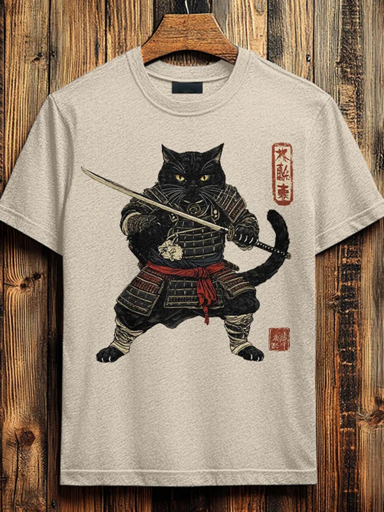 Men's Brave Cat Warrior Japanese Art Print Cotton Casual T-shirt