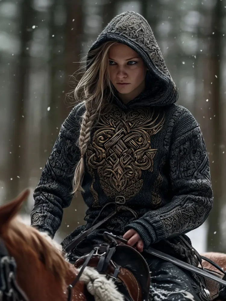 Viking Style Gold Celtic Knot Thick Needle Dark Style Hooded Sweater