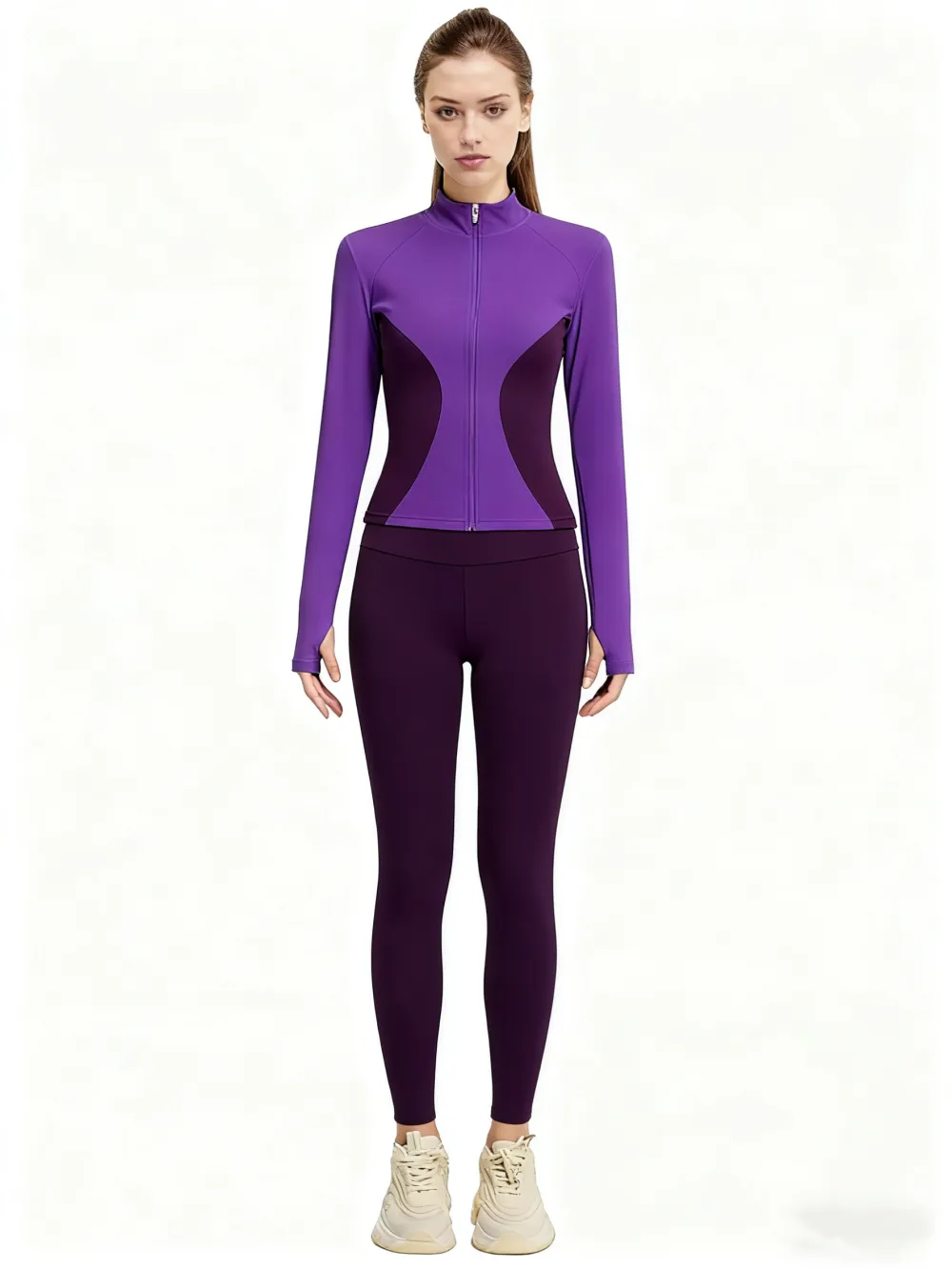 Women's Solid Zip Up Mock Neck Sports Jacket & High Waist Leggings Set