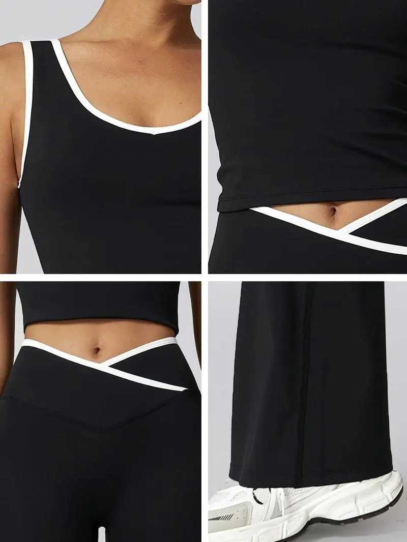 Womens Colorblock Tank Top & Flare Leg Pants Tracksuit Set