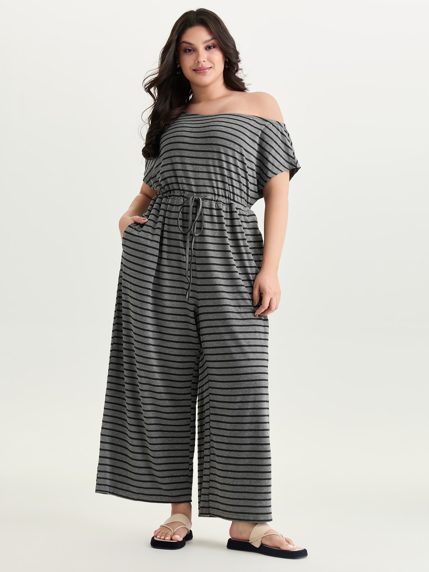 Striped One-Shoulder Pockets Jumpsuit