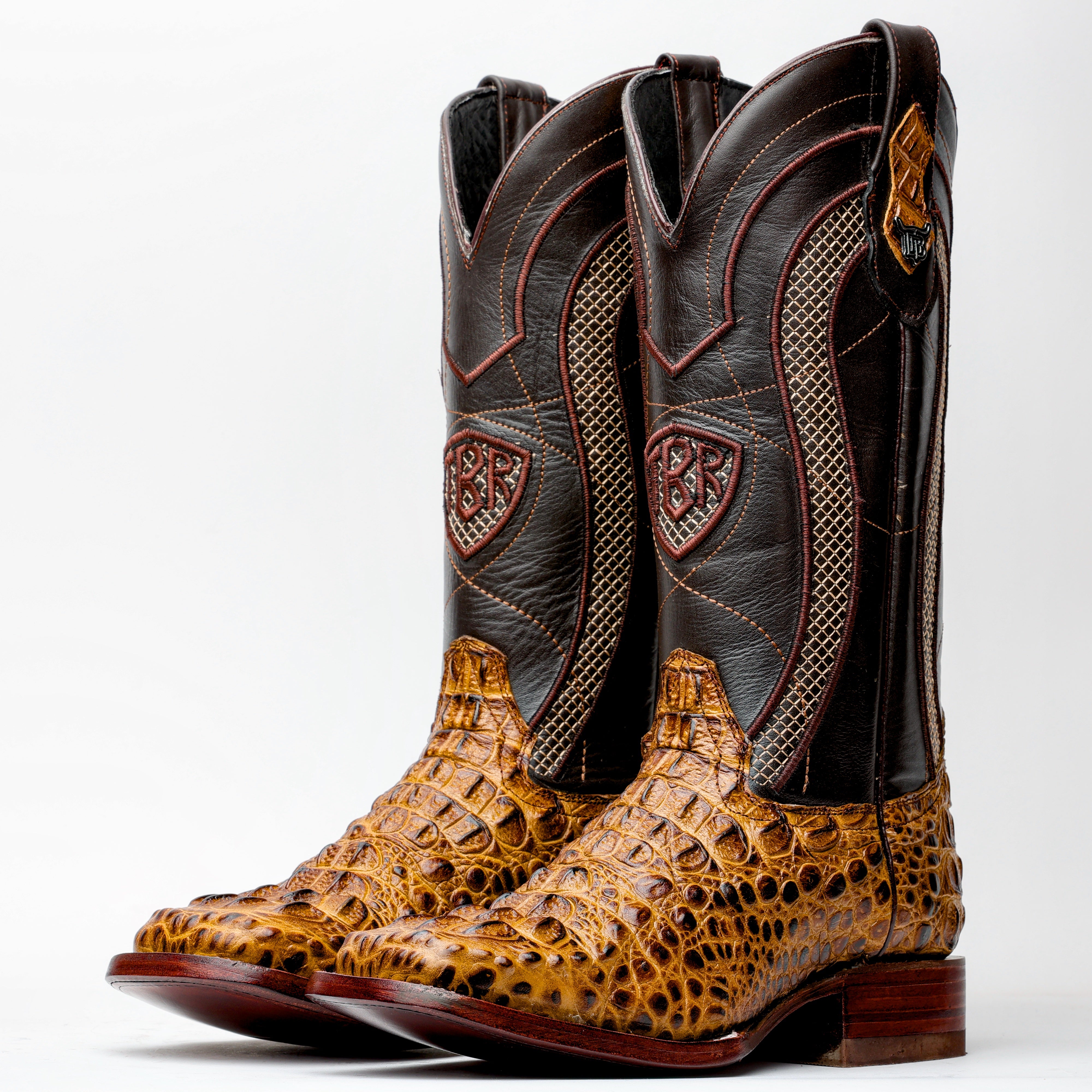 Honey Caiman Neck Leather Boots - Square Toe
